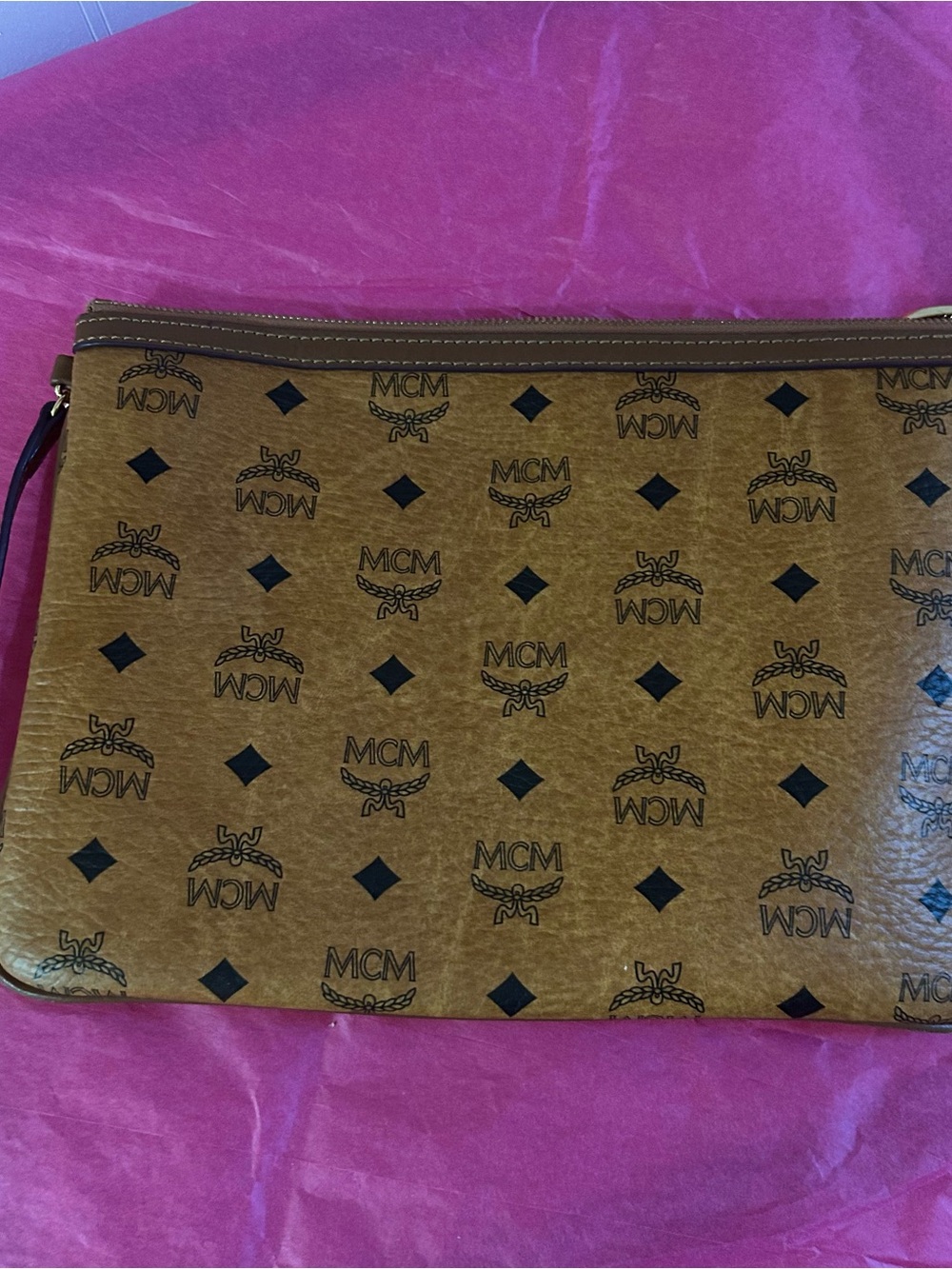 MCM Brown Monogram Zip Pouch with Black Motif